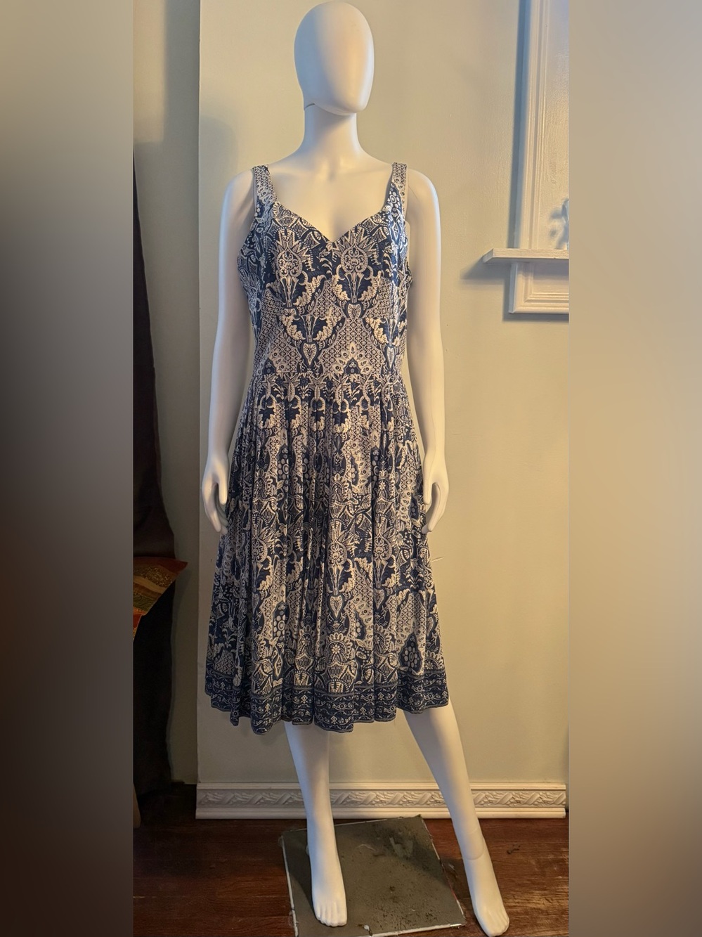Talbots Silk Navy & White Patterned Sleeveless Midi Dress